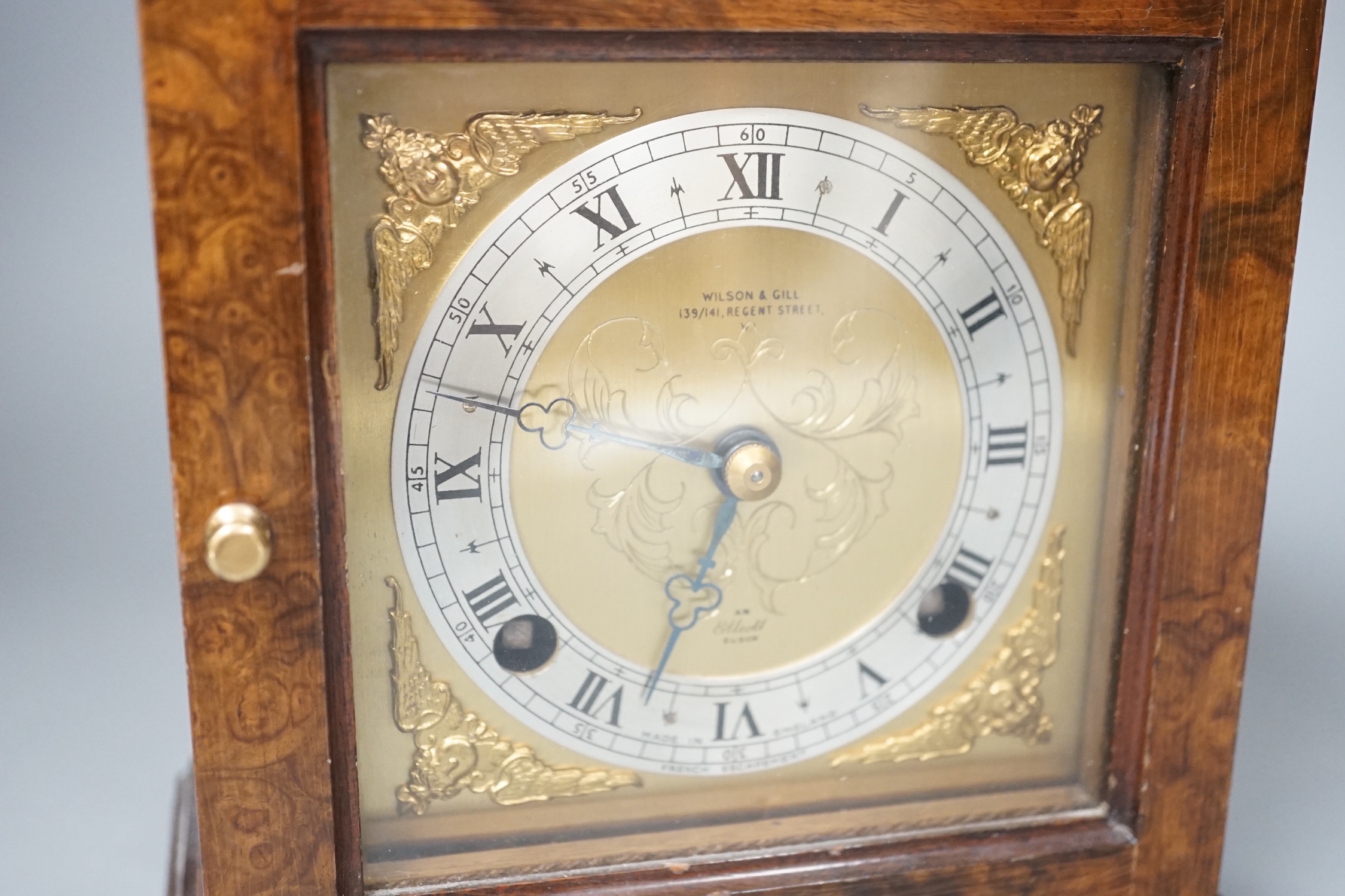 An Elliott burr walnut mantel clock - 27cm high